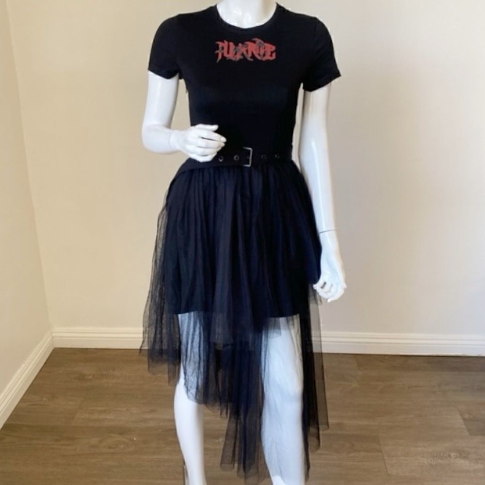 Dolls Kill Punk Rave Brand Asymmetric Tulle Skirt Midi Logo T-shirt Dress XS/S